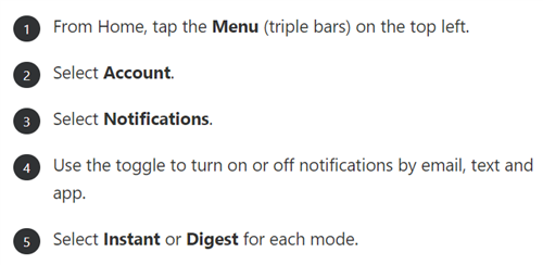 Tap the menu bars on top left. Select account. Select notifications.